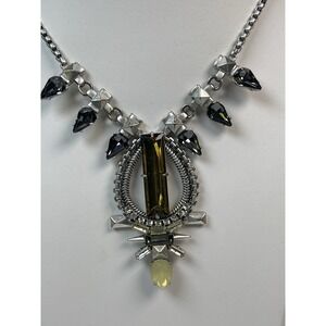 Stella & Dot "Eclipse" Necklace Smoky Crystal Silver Tone Statement Pendant 26"